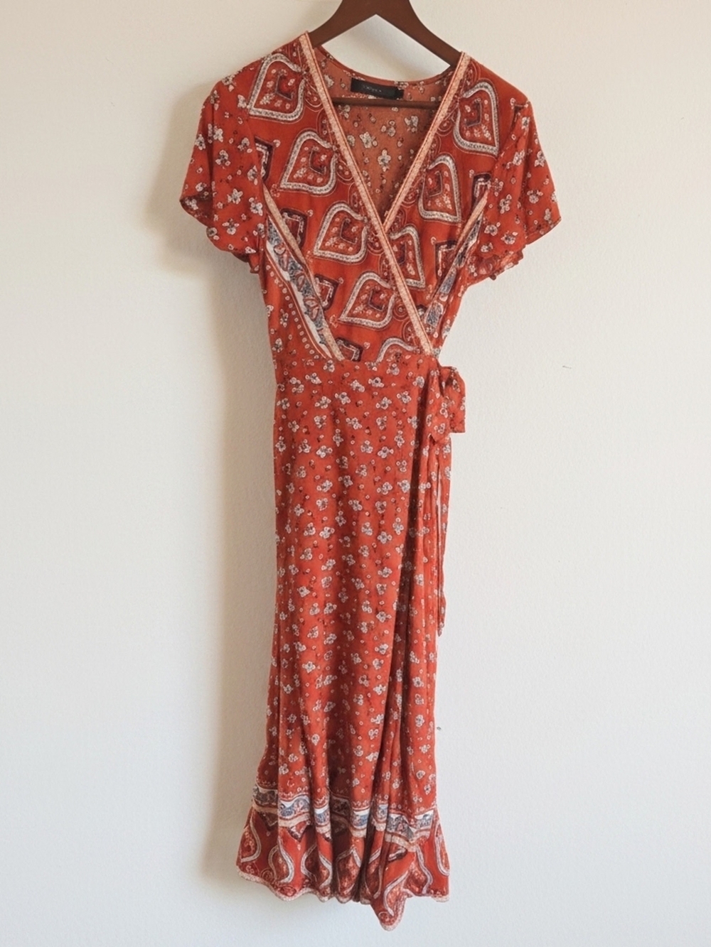 Boho Floral Paisley Wrap V Neck Short Sleeve Flowy Maxi Dress Terracotta Rust -L
